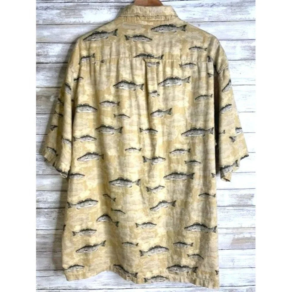 Columbia Sportswear Mens XXL River Lodge Fish Print Button-Up Shirt Short Sleeve